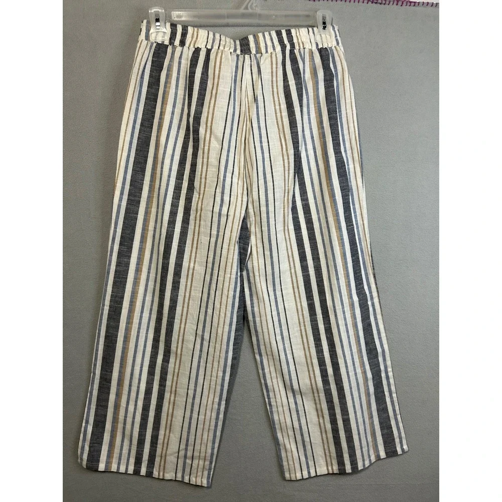 Elle Gabrielle Womens Wide Leg Cropped Striped‎ Pants with Tie Belt Size Large